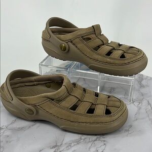 CROCS Leather Gladiator Style Clogs Tan Desert Fisherman Sporty Sandal Slip On